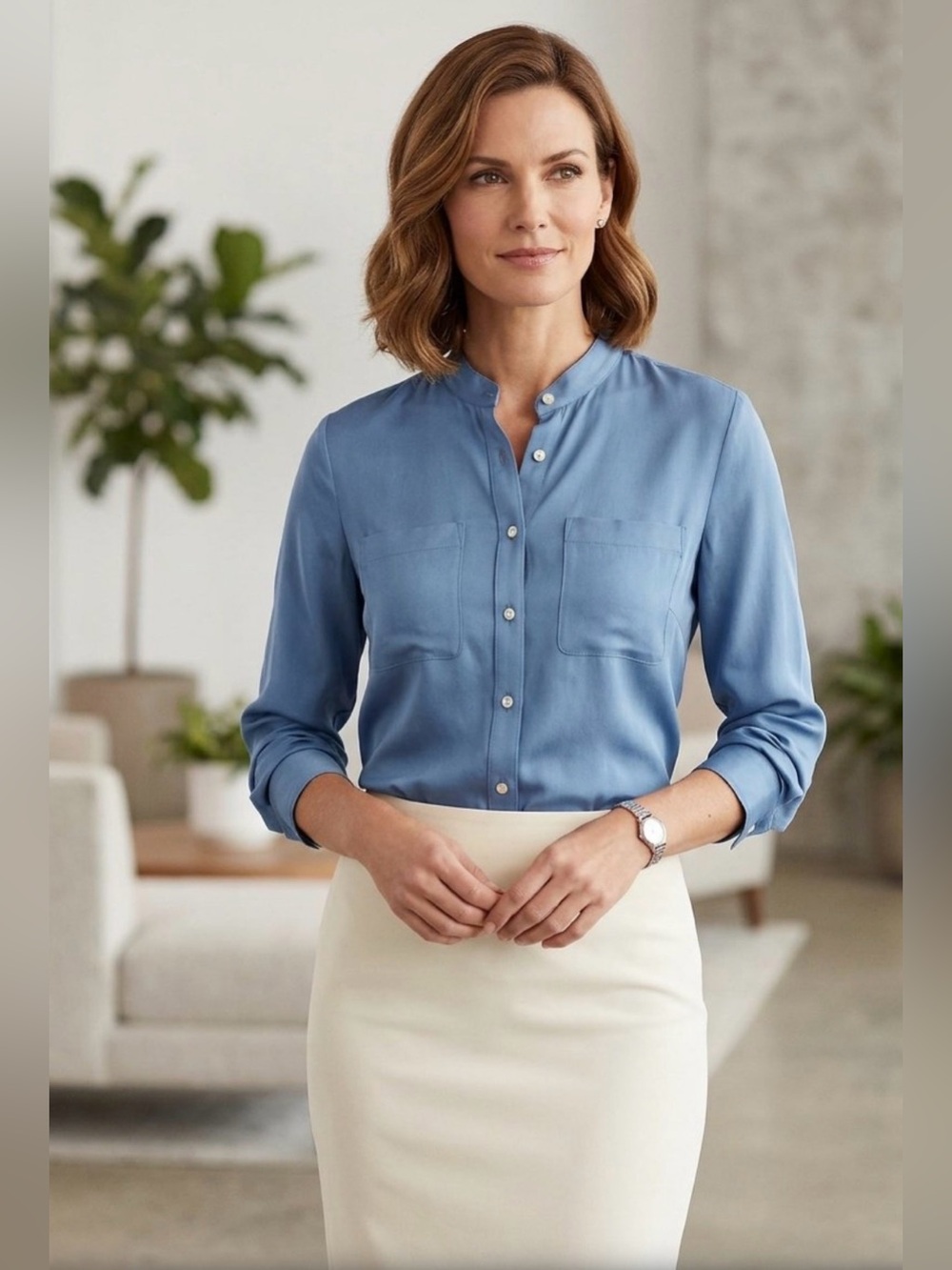 Lauren Ralph Lauren Blue Blouse L Workwear Corporate Career Office Band Collar